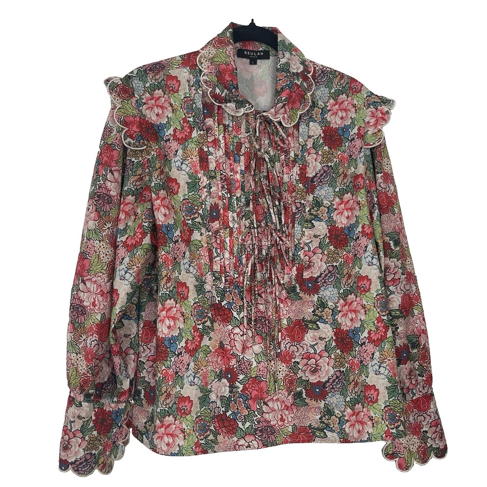 Beulah Scalloped Long Sleeve Floral Blouse Large Cottagecore Top